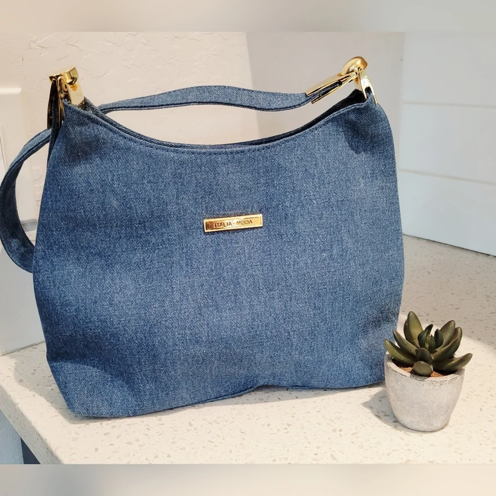 NWOT San Remo Italia Moda Denim Hobo Bag with Gold Accents